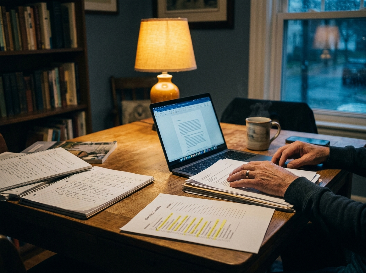 Lamp-lit planning at a kitchen table late at night
